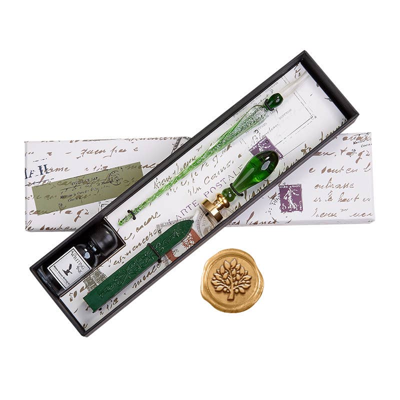 Ensemble stylo et encre de calligraphie avec sceau en cire en verre vert