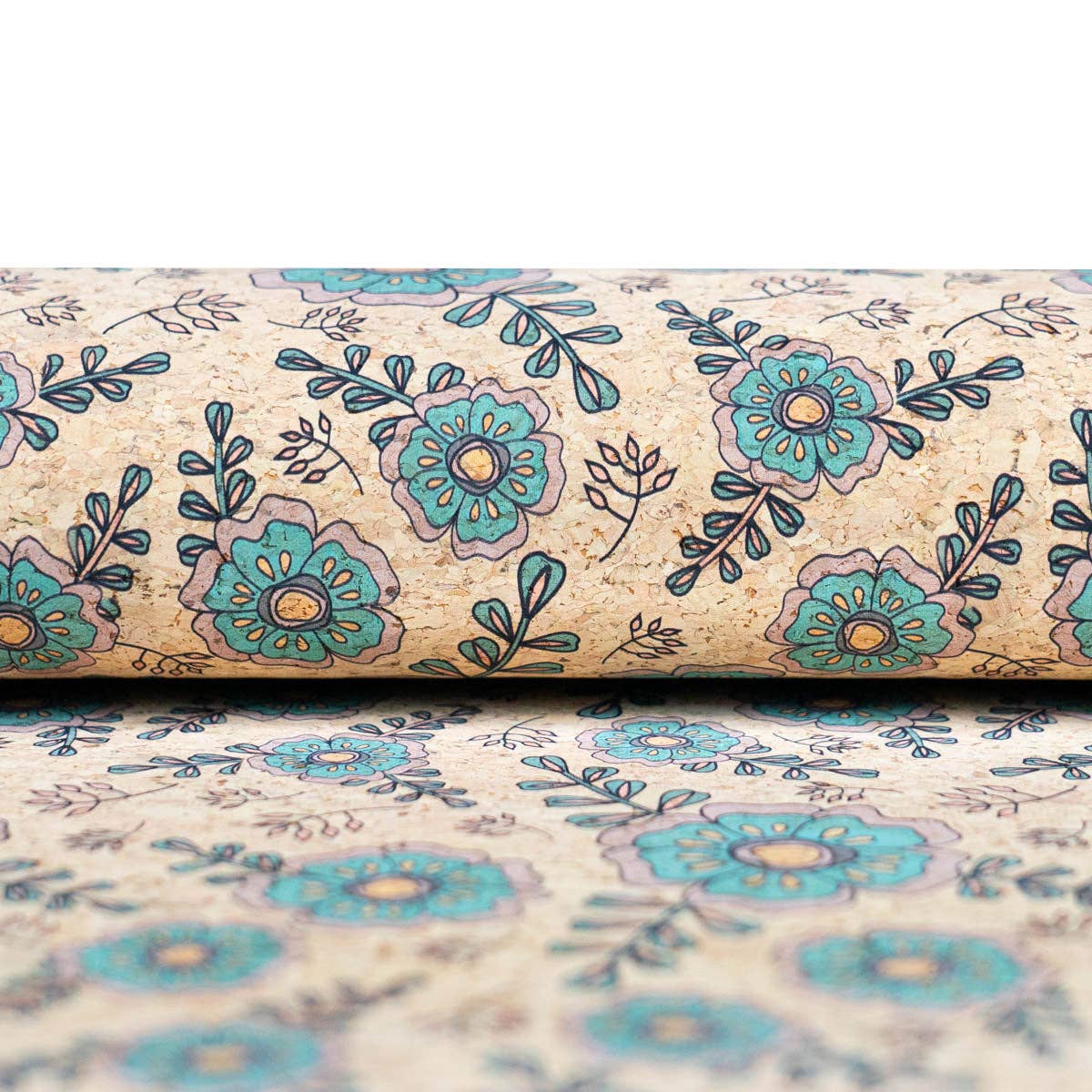Élégance botanique : motif floral bleu sarcelle et vert sur un support en liège