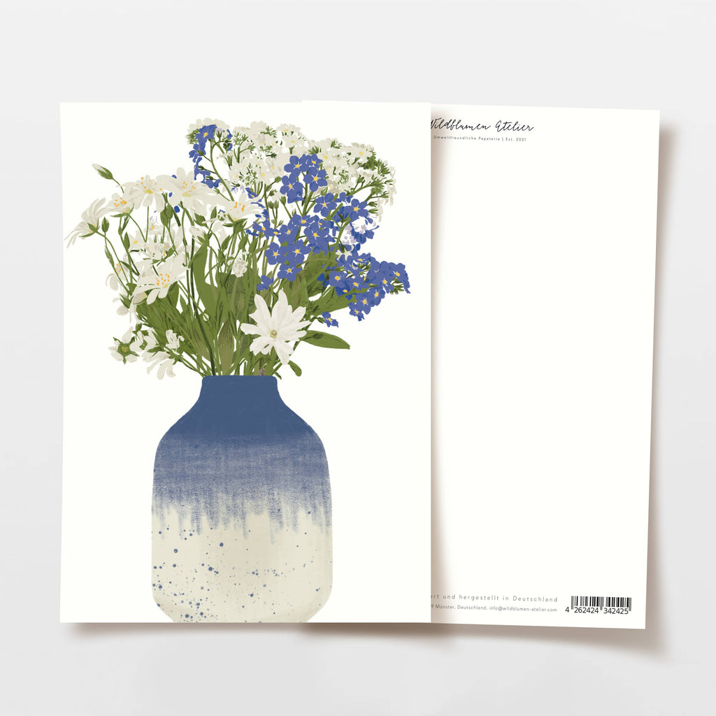 Carte postale vase bleu fleurs sauvages, FSC