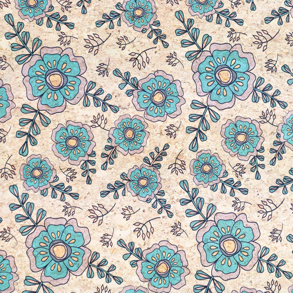Élégance botanique : motif floral bleu sarcelle et vert sur un support en liège