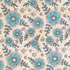 Élégance botanique : motif floral bleu sarcelle et vert sur un support en liège