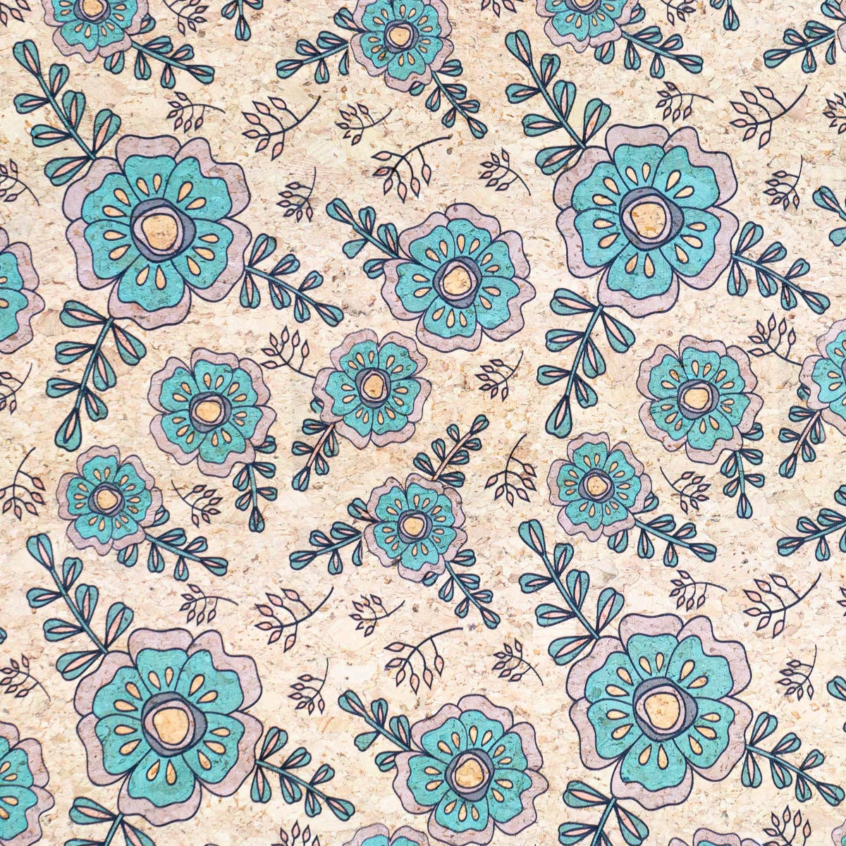 Élégance botanique : motif floral bleu sarcelle et vert sur un support en liège