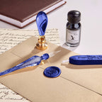 Ensemble stylo et encre de calligraphie avec sceau en cire en verre bleu