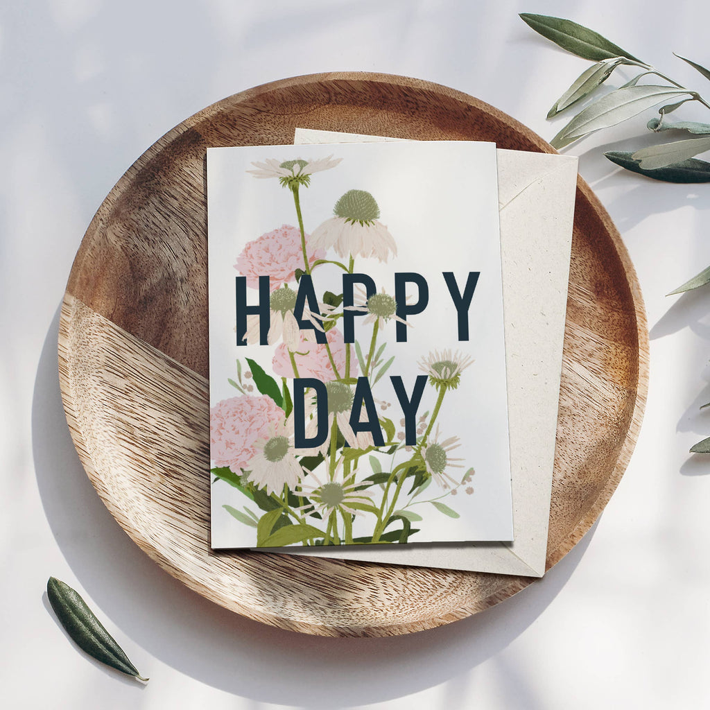 Carte pliable Happy Day fleurs roses, avec enveloppe