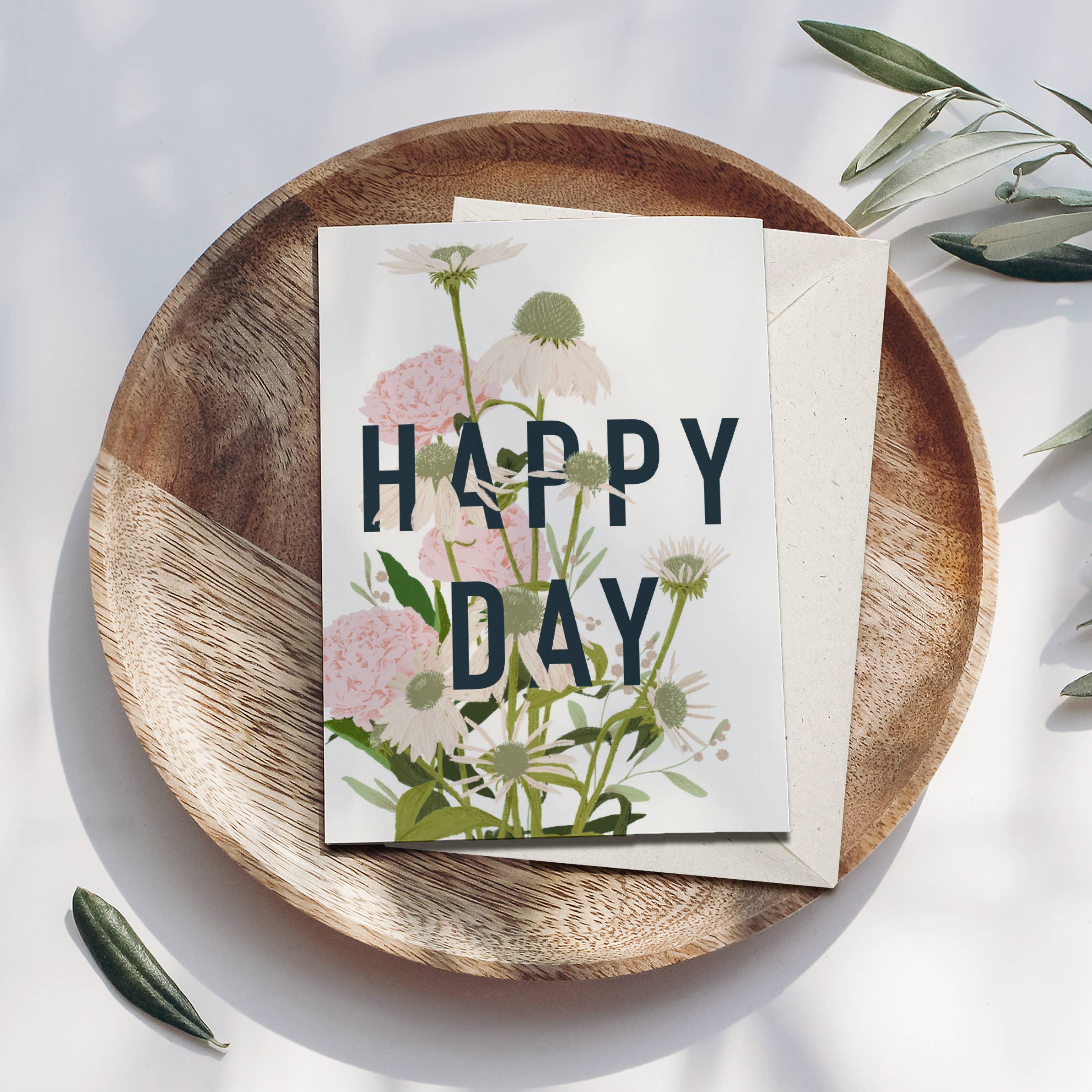 Carte pliable Happy Day fleurs roses, avec enveloppe