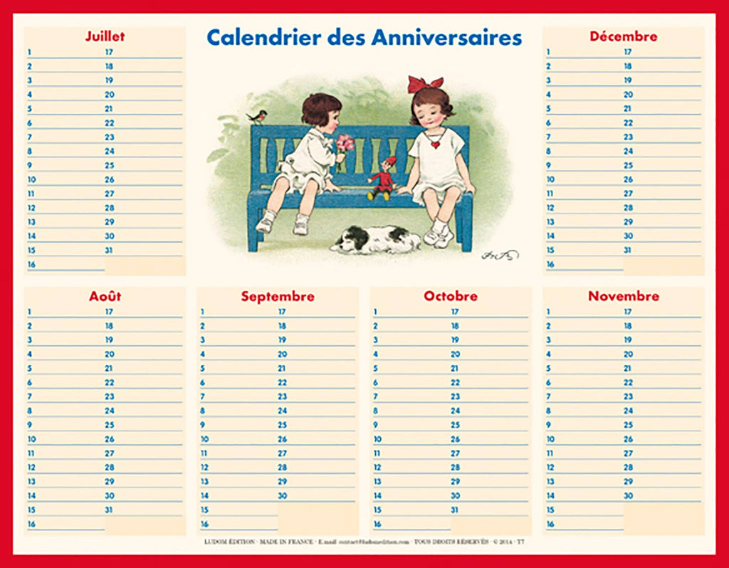 Tableau - Calendrier des anniversaires Banc