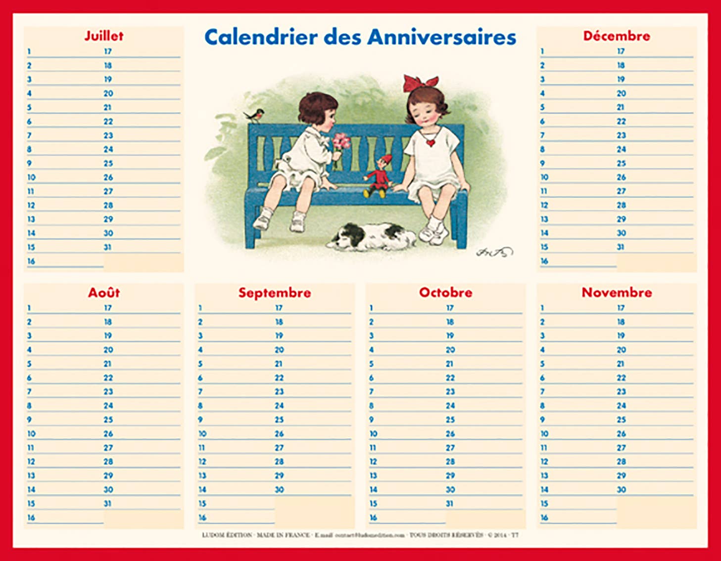 Tableau - Calendrier des anniversaires Banc
