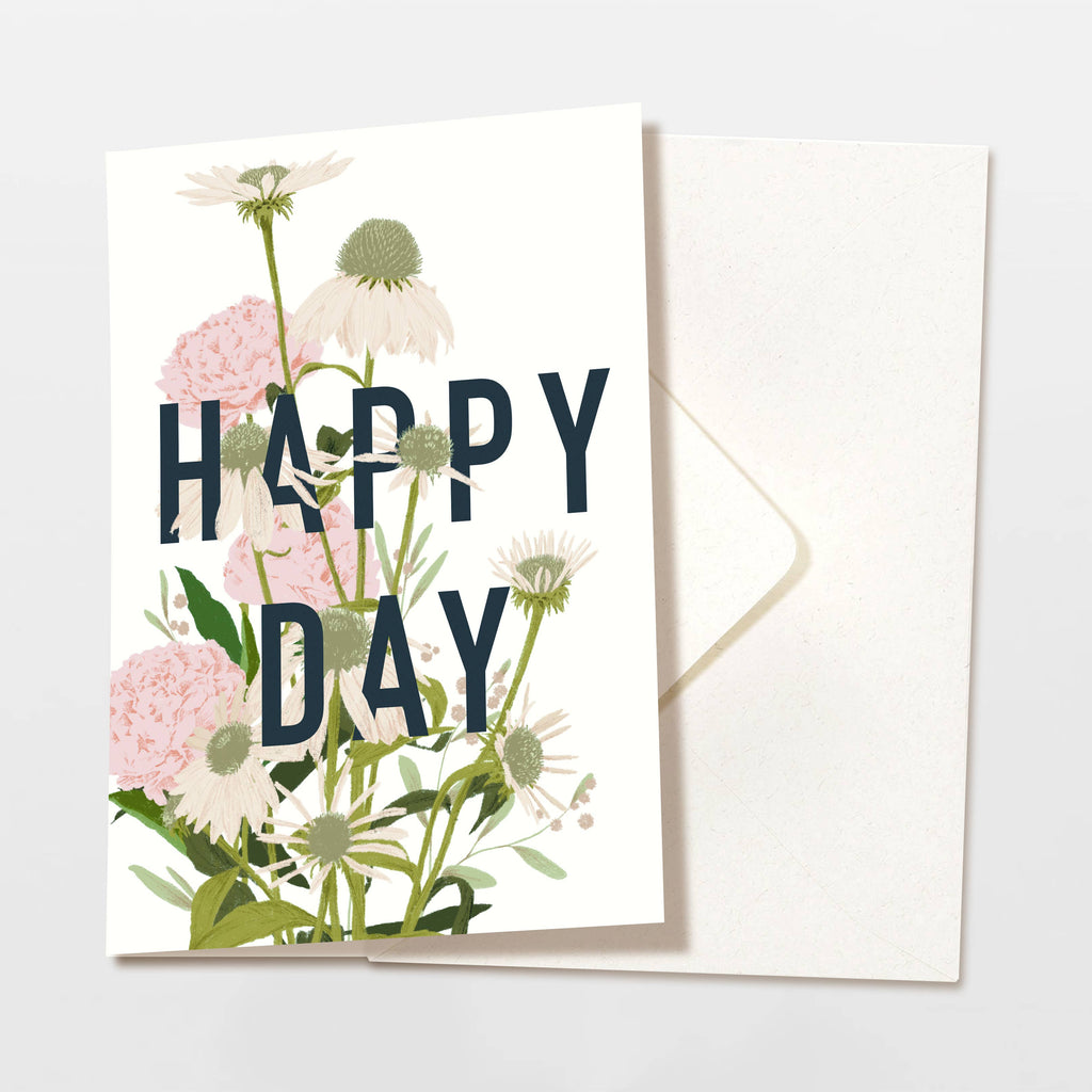 Carte pliable Happy Day fleurs roses, avec enveloppe
