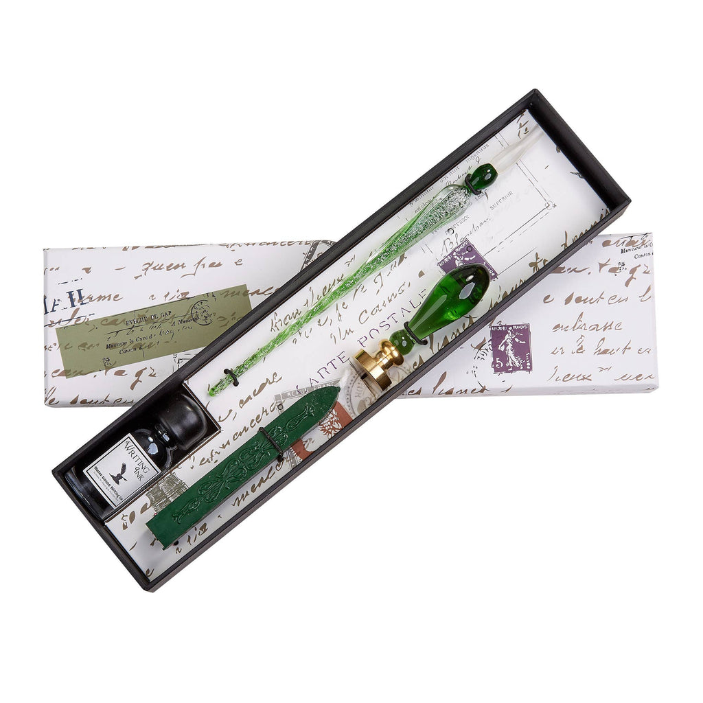 Ensemble stylo et encre de calligraphie avec sceau en cire en verre vert