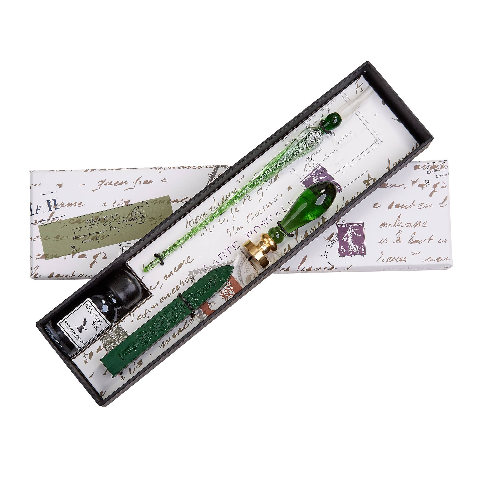 Ensemble stylo et encre de calligraphie avec sceau en cire en verre vert