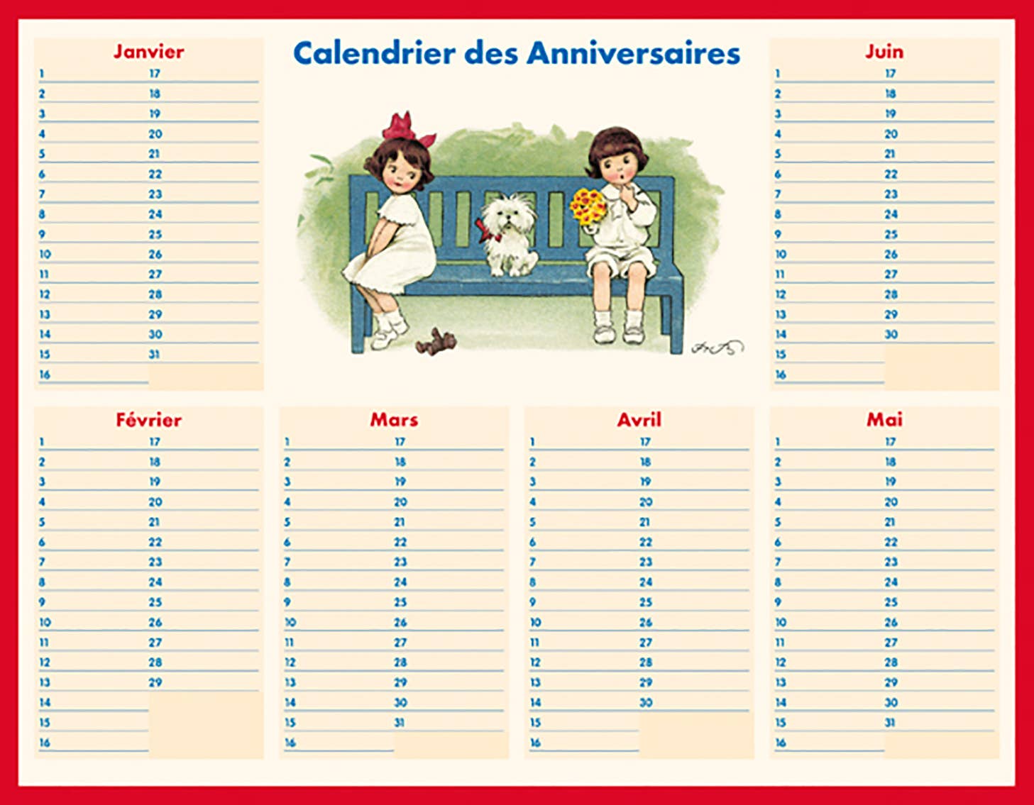 Tableau - Calendrier des anniversaires Banc