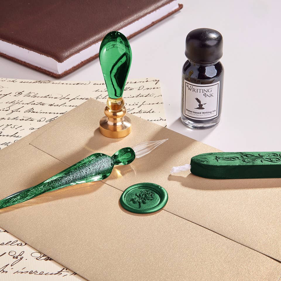 Ensemble stylo et encre de calligraphie avec sceau en cire en verre vert
