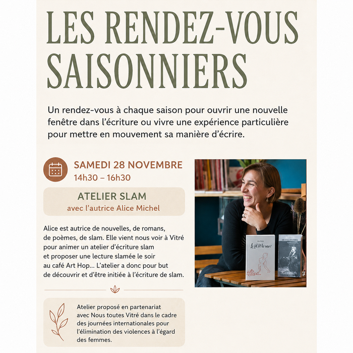 ATELIER SLAM avec L'AUTRICE Alice MICHEL - SAM.28 NOV - 14h30