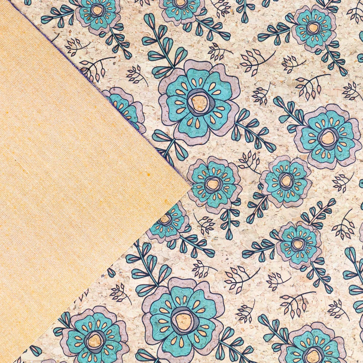 Élégance botanique : motif floral bleu sarcelle et vert sur un support en liège
